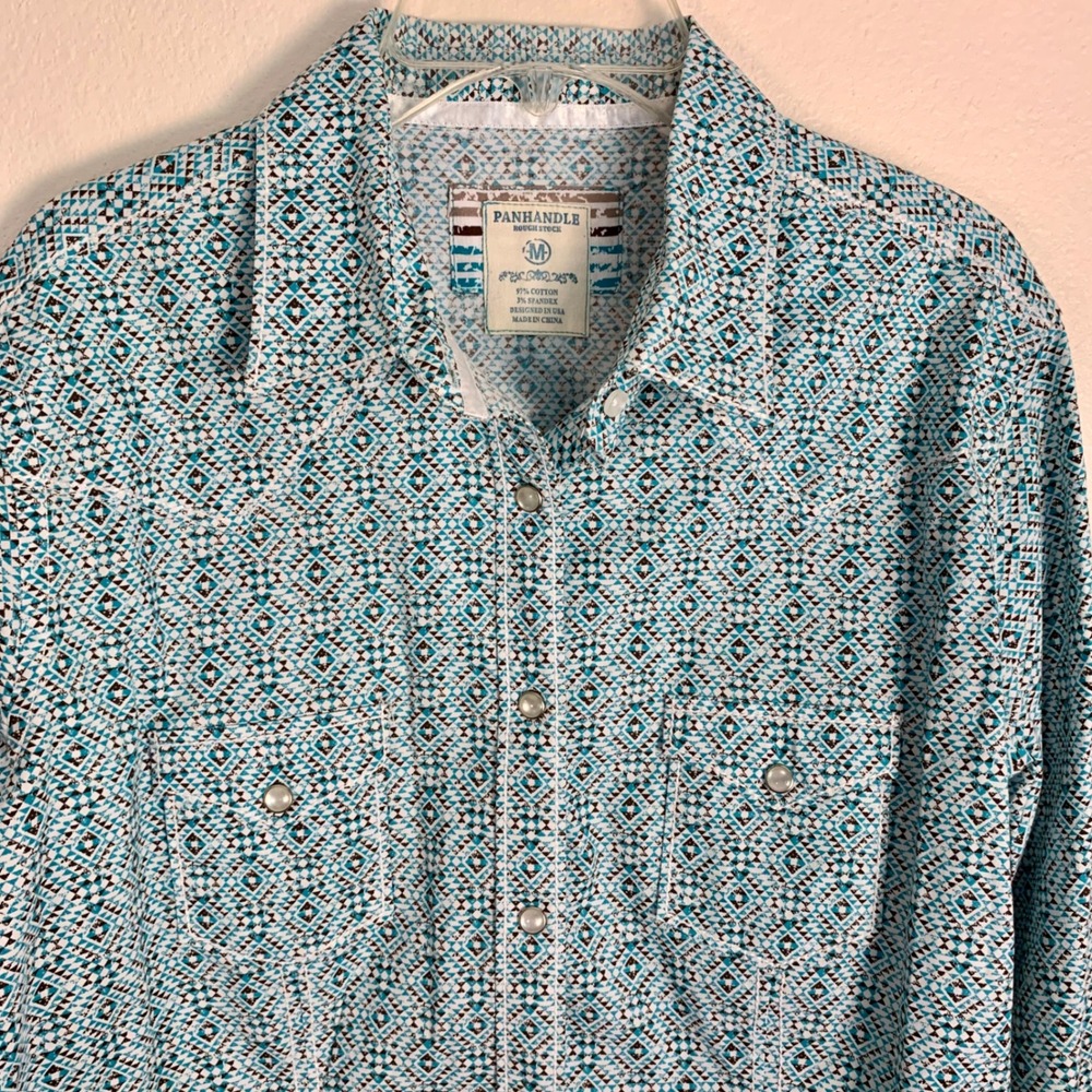 Panhandle Rough Stock Womens M Turquoise Geometric Diamond Pearl Snap West Shirt